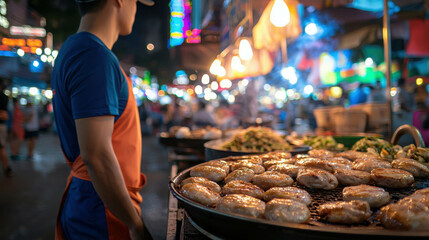 Street Food Vendor Grilling Delicious Patties at Night Market with Colorful Lights and Crowd