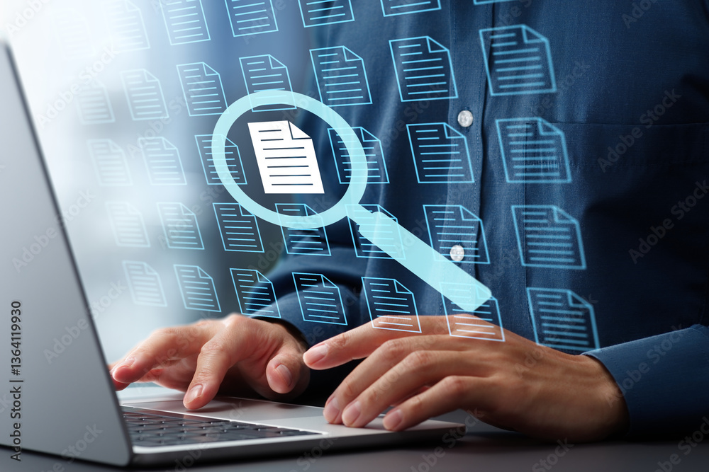 Poster Document retrieval and text search engine. Document management system DMS. Magnifying glass and file icons. Businessman using laptop computer to search by keyword.