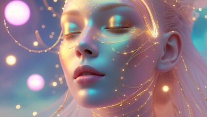 A serene ethereal being adorned with luminous golden threads, bathed in soft pastel hues and sparkling lights, evoking a dreamlike, otherworldly peace.