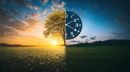 A split image showing day and night on either side, illustrating the concept of daylight saving time.