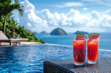 Refreshing Tropical Cocktails by an Infinity Pool Overlooking Exotic Islands and a Clear Blue Sky Filled with Fluffy White Clouds