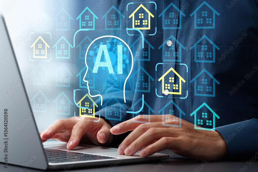 Leinwandbilder AI-powered automated real estate analytics and property valuation. Intelligent property management and AI-powered property investment. Man using laptop computer.