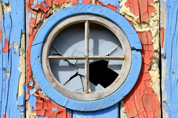 Obraz premium A colorful, weathered wooden wall features a circular window with a cracked pane, showcasing peeling paint and rustic charm.