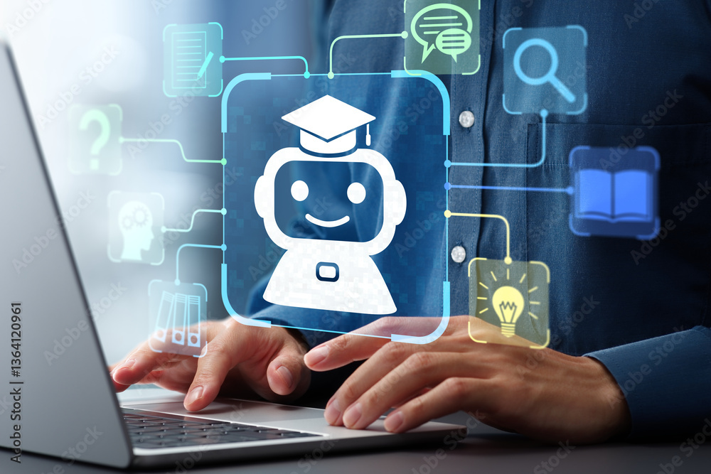 Poster AI-powered teaching solutions. Intelligent tutoring systems and personalized learning. Man using laptop computer to learn with artificial intelligence tutor.