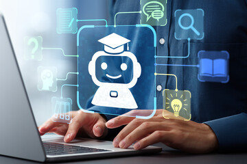 AI-powered teaching solutions. Intelligent tutoring systems and personalized learning. Man using laptop computer to learn with artificial intelligence tutor.