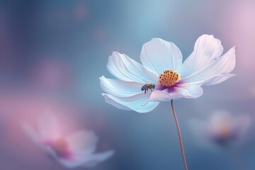 Fototapeta premium A delicate flower with soft petals and a bee, set against a dreamy, blurred background of muted colors.