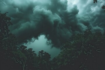 A dramatic sky filled with dark, swirling clouds, framed by silhouette trees, creating a moody and atmospheric scene.