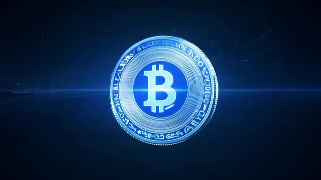 Glowing digital coin with Bitcoin logo, surrounded by swirling blue energy effects, symbolizing cryptocurrency