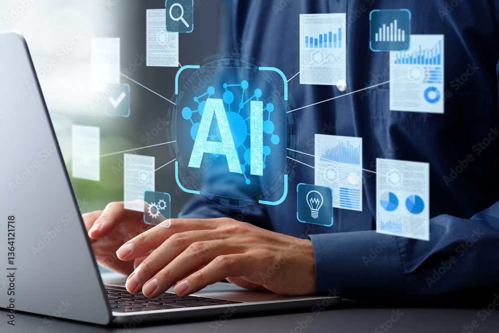 Poster AI analyzing and summarizing data reports or papers. Artificial intelligence generating document. Businessman typing on laptop computer keyboard at desk in office.