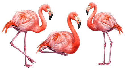 Naklejka premium A detailed illustration of three flamingos in varying postures against a stark white background