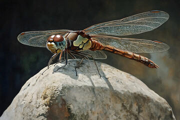 Detailed dragonfly perched atop a weathered stone artistic painting