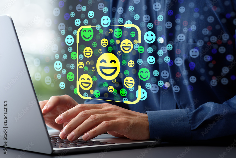 Poster Customer satisfaction survey. Customer feedback and review analyzing technology. Customer relationship management CRM and marketing segmentation strategy. Marketer using laptop computer.