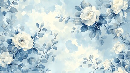 Seamless Blue and White Floral Pattern, A seamless floral pattern featuring blue and white flowers and leaves on a light background