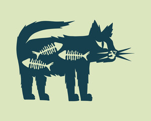 Black cat and fish spines clip art illustration vector pet kitten silhouette sticker t shirt design print art editable