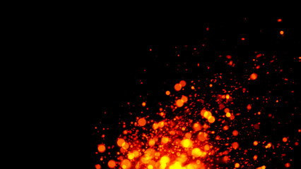 Glowing ember particles drift and flicker against a dark background, creating warm, intense energy...