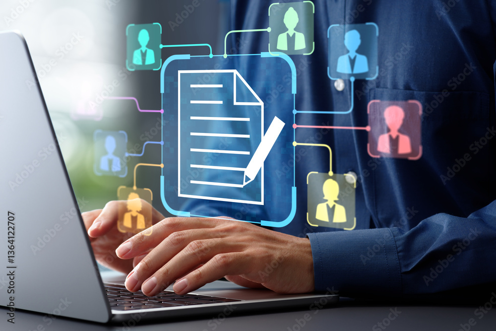 Poster Document collaboration and file sharing. Team work and collaborative editing in document management solutions. Businessman using laptop computer for document synchronization.