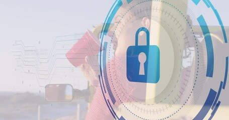 Using binoculars outdoors, person viewing digital security lock animation overlay - Powered by Adobe