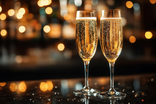 Two glasses of champagne on a table at an elegant soiree, illuminated by soft candlelight and surrounded by festive decorations.