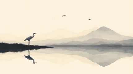 Naklejka premium Serene Heron with Lake, Mountain Landscape, and Asian Art.