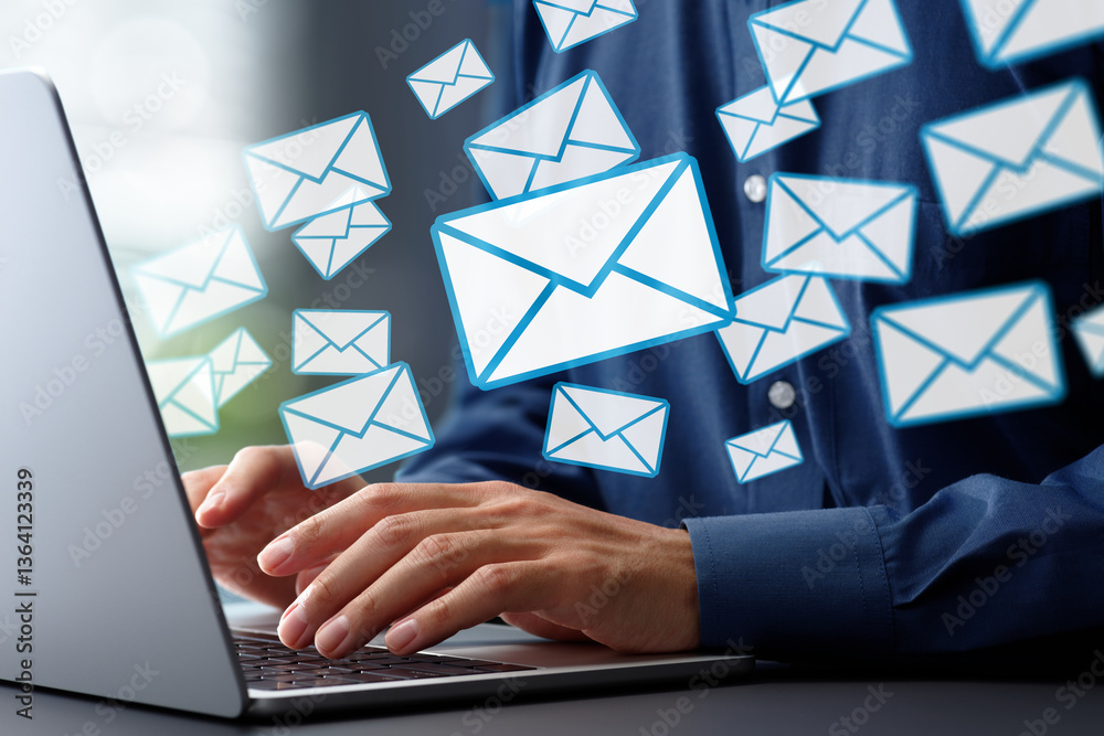 Poster email marketing for business. sending and receiving many emails. businessman typing on laptop comput
