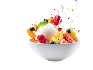 Colorful Fruit Salad with Vanilla Ice Cream and Milk Splash