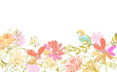 Hand-drawn carnation, wildflowers, birds, ribbons, and a gold line art vector frame with a transparent background for Mother's Day. Rough floral background illustration.