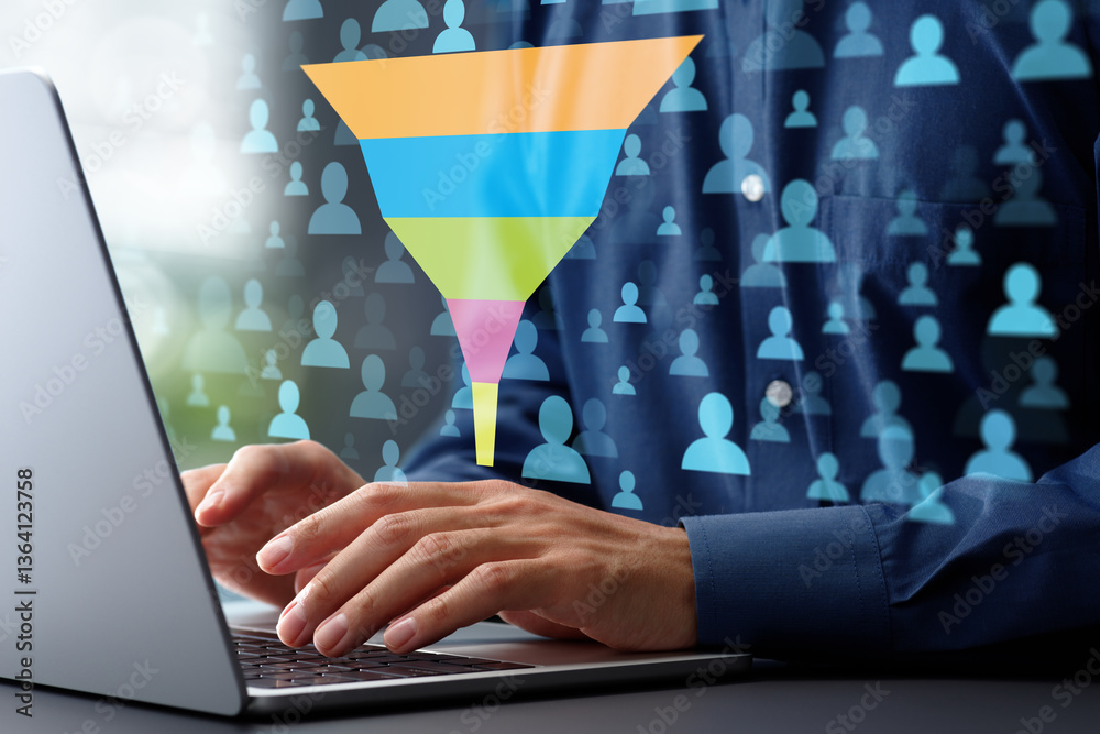 Aufkleber Marketing funnel analysis of customer activity data. Analytics chart of sales conversion rate. Marketer analyzing data with using laptop computer at desk in office.