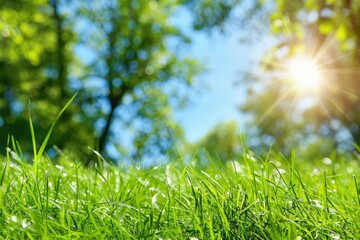 Obraz premium A vibrant, sunlit scene showcasing lush green grass under a bright blue sky, highlighting the beauty of nature in a serene setting.