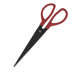 Black scissors with red handles isolated on white background