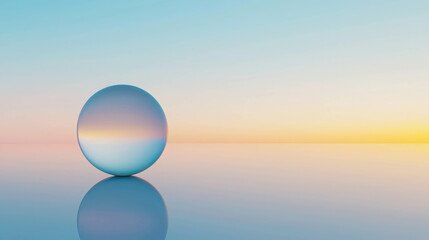 Reflective Sphere on Calm Surface with Dreamy Sky Colors at Sunrise or Sunset