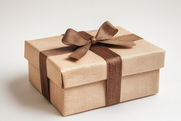 Brown gift box with ribbon decoration on white background