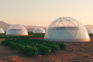 Innovative geodesic domes for sustainable farming in an arid landscape at sunset.
