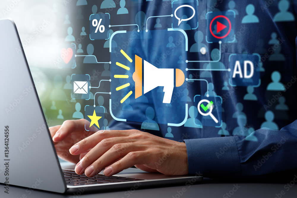 Poster Digital marketing for target market. Analyzing and optimizing target audience. Marketer using laptop computer to manage targeted advertising strategy.