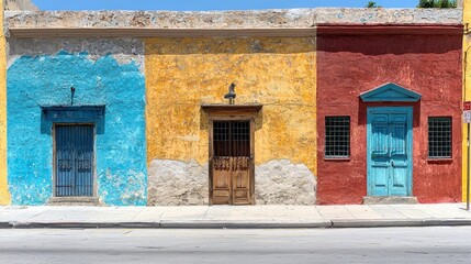 Fototapeta premium Charming street scene featuring a building with a distinctive blue door and urban environment