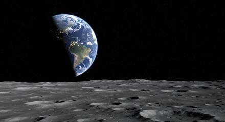 Majestic view from the moon showcasing Earth, with rugged lunar terrain in the foreground
