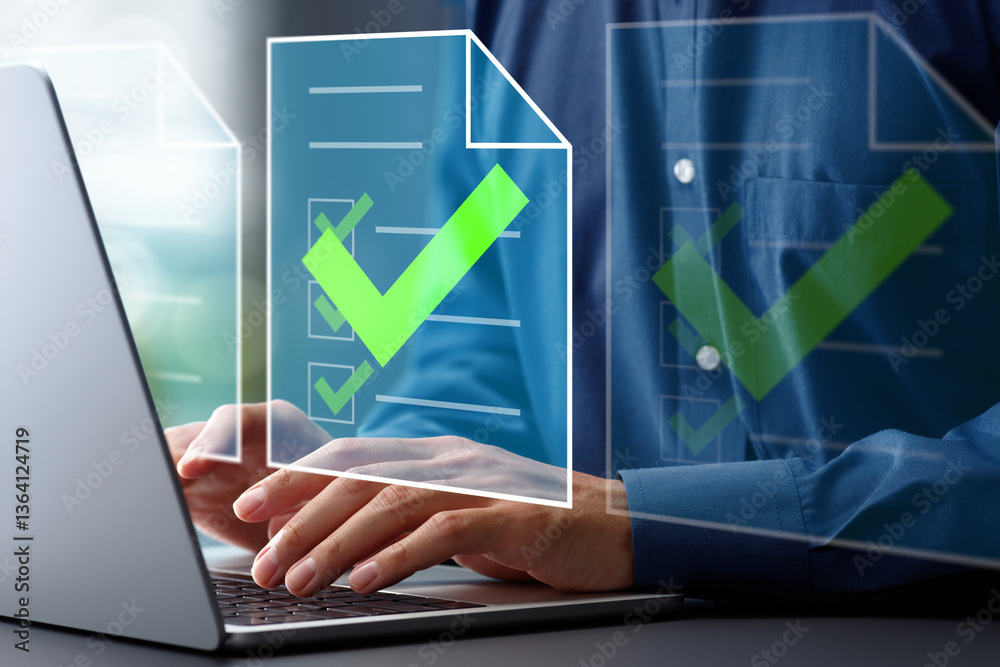 Aufkleber Document approval process and completion. Approval workflow and legal document compliance. Businessman using laptop computer to approve documents.