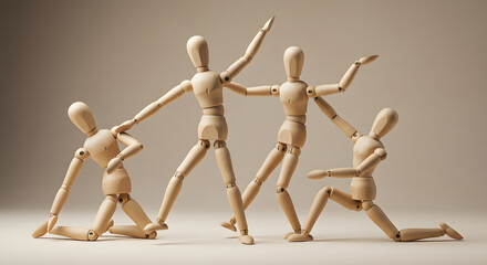  series of four wooden artist mannequins arranged dynamically against a soft, neutral backdrop