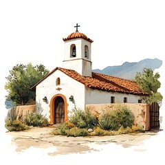 Fototapeta premium A Charming Rustic Chapel in a Mountain Landscape Artistic Illustration of a Whitewashed Church with Orange Tile Roof.
