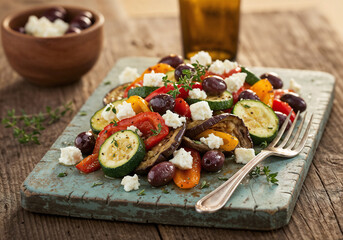 Rustic Mediterranean Roasted Vegetable Salad with Feta on Wooden Board