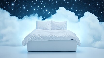 Bed surrounded by clouds under a starry night sky