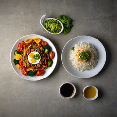 Delicious Asian Cuisin,  Stir-Fried Noodles and Rice with Fresh Vegetables