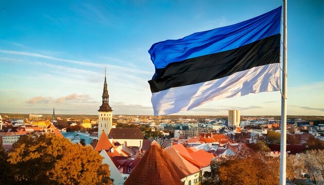 Fototapeta Background of Estonian flag waving in the wind and the streets of the capital Tallinn. For thumbnails, banners, logos, icons.