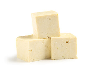 Cut tofu cheese isolated on white background, closeup