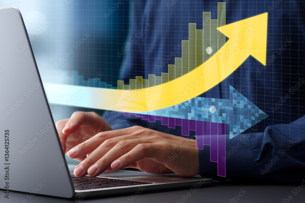 Poster Changing business processes. Strategy for managing innovation and solutions. Businessman using a laptop computer to increase productivity and growth.