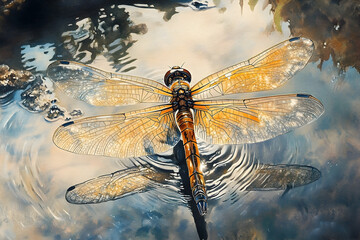 Watercolor portrayal of a dragonfly resting on water's surface, capturing the intricate details and delicate wings