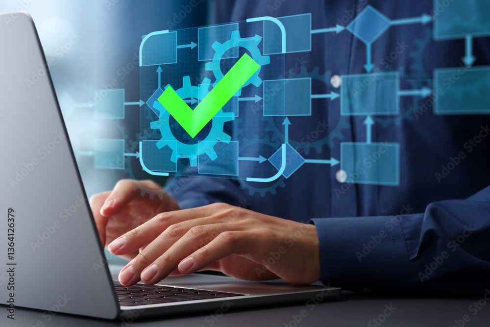 Poster Business process automation BPA and management BPM. Flowchart and gear icons with checkmark. Businessman using laptop computer to manage workflow automation system.