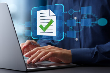 Business process automation BPA and document automation solutions. Flowchart and document icon with checkmark. Businessman using laptop computer to automate document creation.