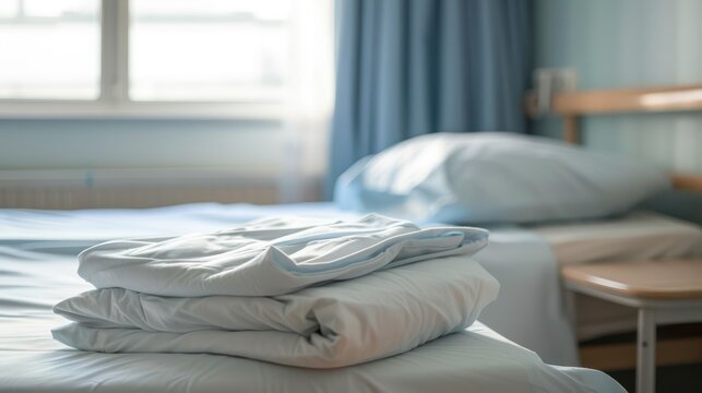 Hospital gown folded neatly on a bedside table. minimalist,