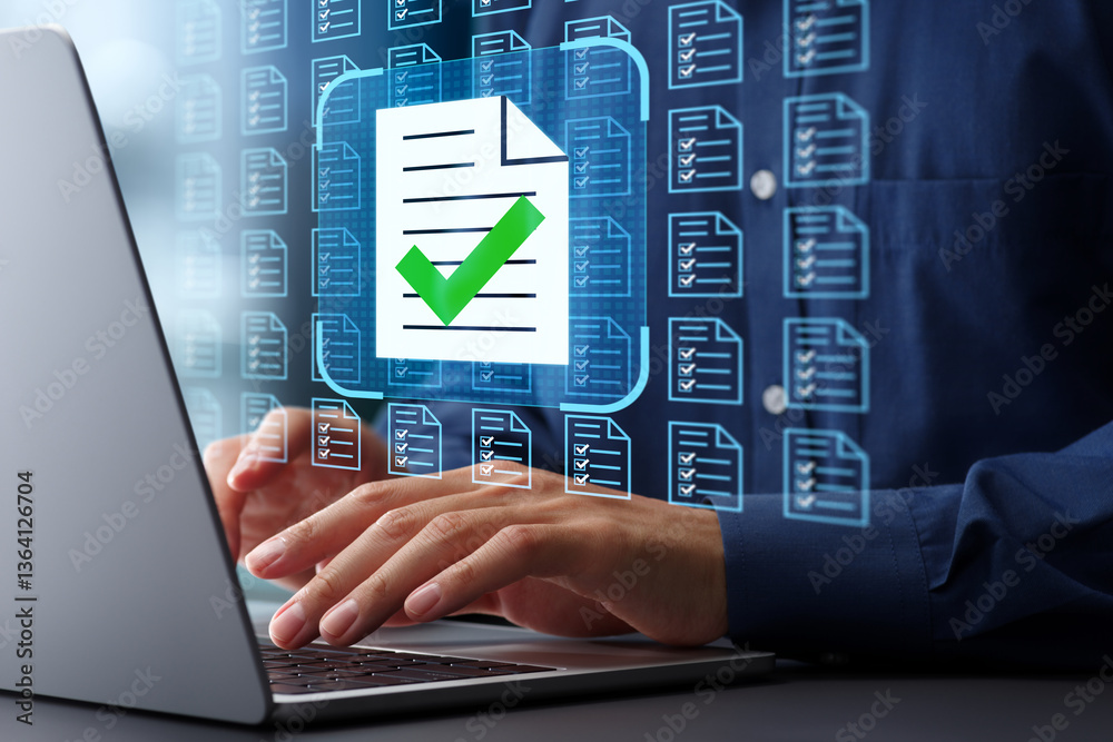 Poster Legal document management system. Automation of preparing documents. File icon and checkmark. Businessman typing on laptop computer keyboard at desk in office.