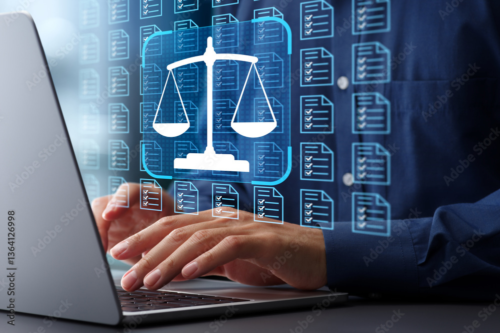 Poster compliance system management of legal document. business and dms technology. balance scale icon and 
